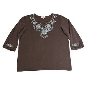 Quacker Factory Top Womens XL Brown Beaded Turquoise Southwestern Western Boho